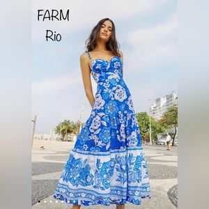 🔥NWOT🔥 FARM Rio Blue Full Of Flowers Organic Cotton Maxi Dress size MED
